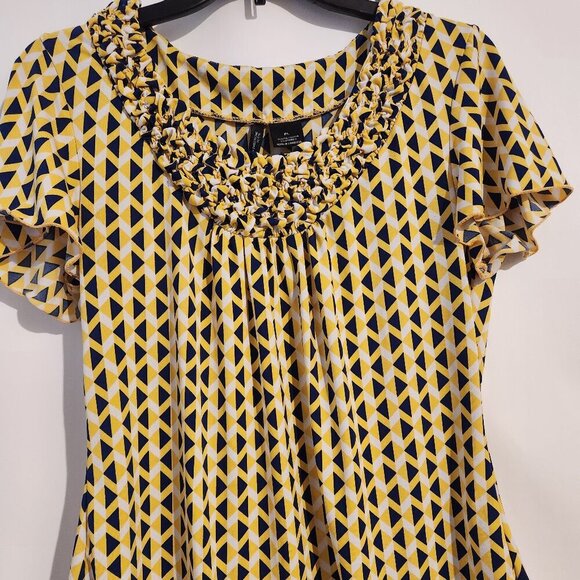 New Directions Petite Vintage Top PL Blue Yellow White Short Sleeve Blouse - Picture 1 of 8